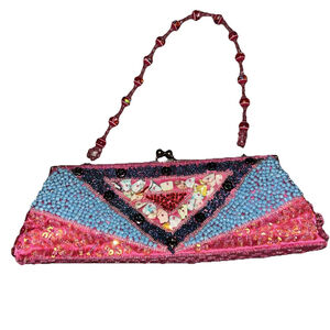 Beauriful Boho Colorful Beaded Statement Purse, pink sequines, blue & stone bead